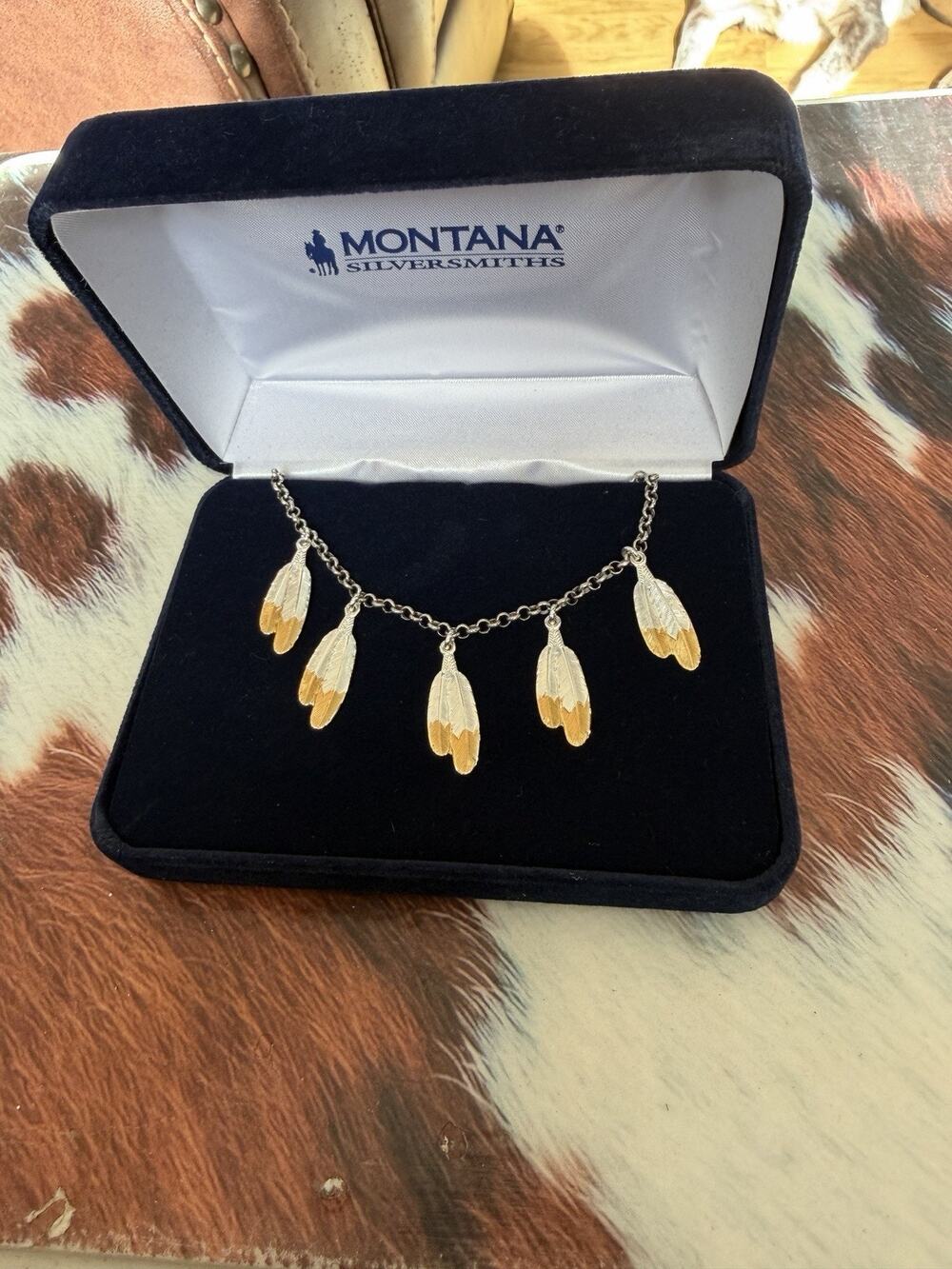 Montana Silversmiths Necklace Multi Feathers Silver And Gold In Original Box